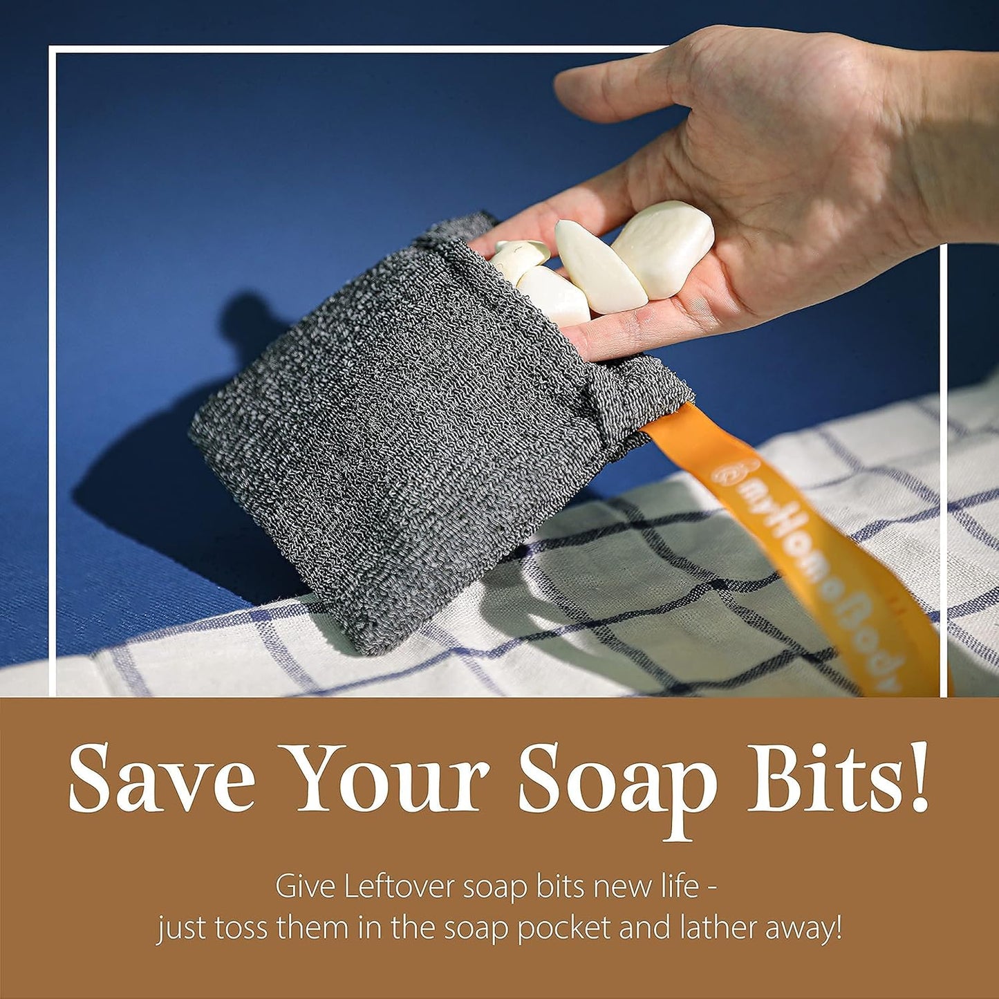 myHomeBody Soap Pocket Squares Exfoliating Pouch, Body Scrubber, Exfoliator Sponge for Bath or Shower, or Leftover Bits Saver, Graphite Gray, 3 Pack + 2 Lift Pads