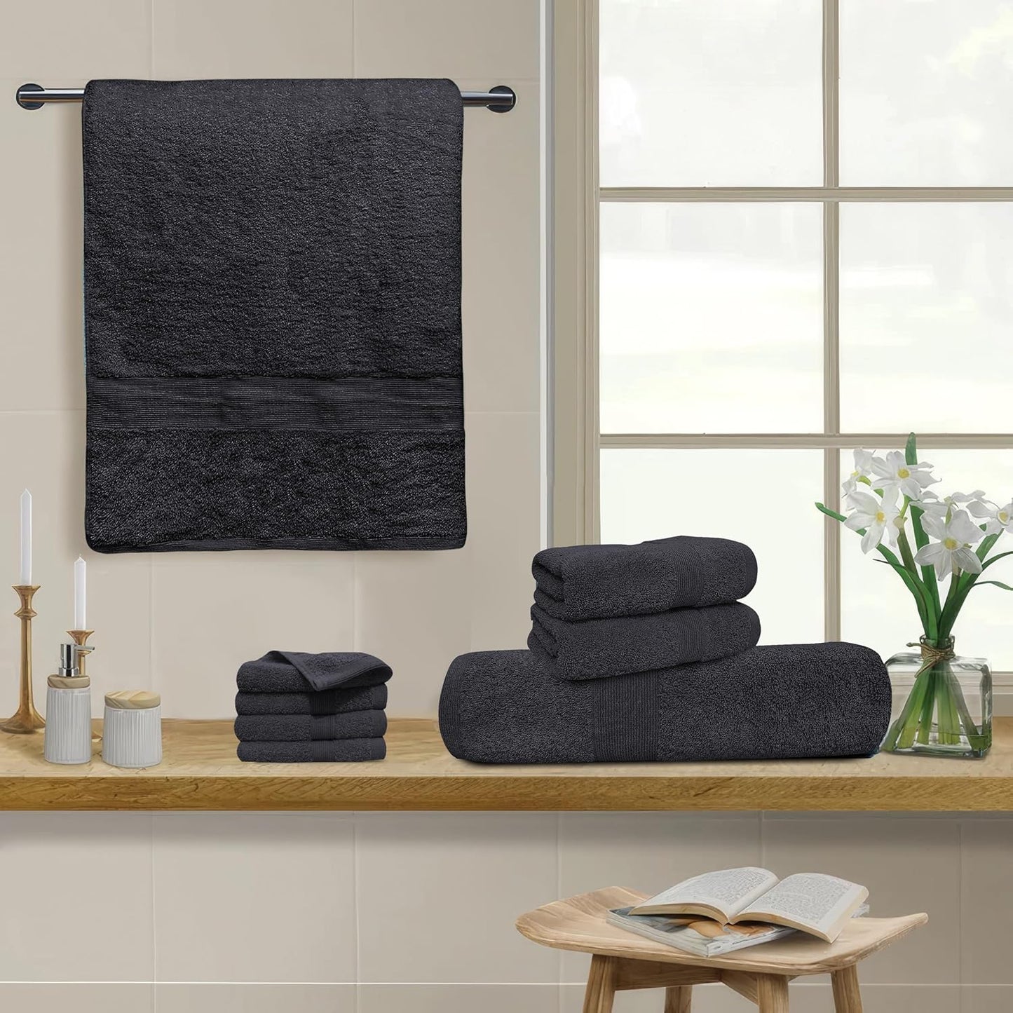 Softolle Luxury 8 Piece Towel Set, 2 Bath Towels 2 Hand Towels 4 Washcloths, 100% Cotton Towels for Bathroom, Home, Spa & Gym - Highly Absorbent Ultra Soft Quick-Dry (Grey)