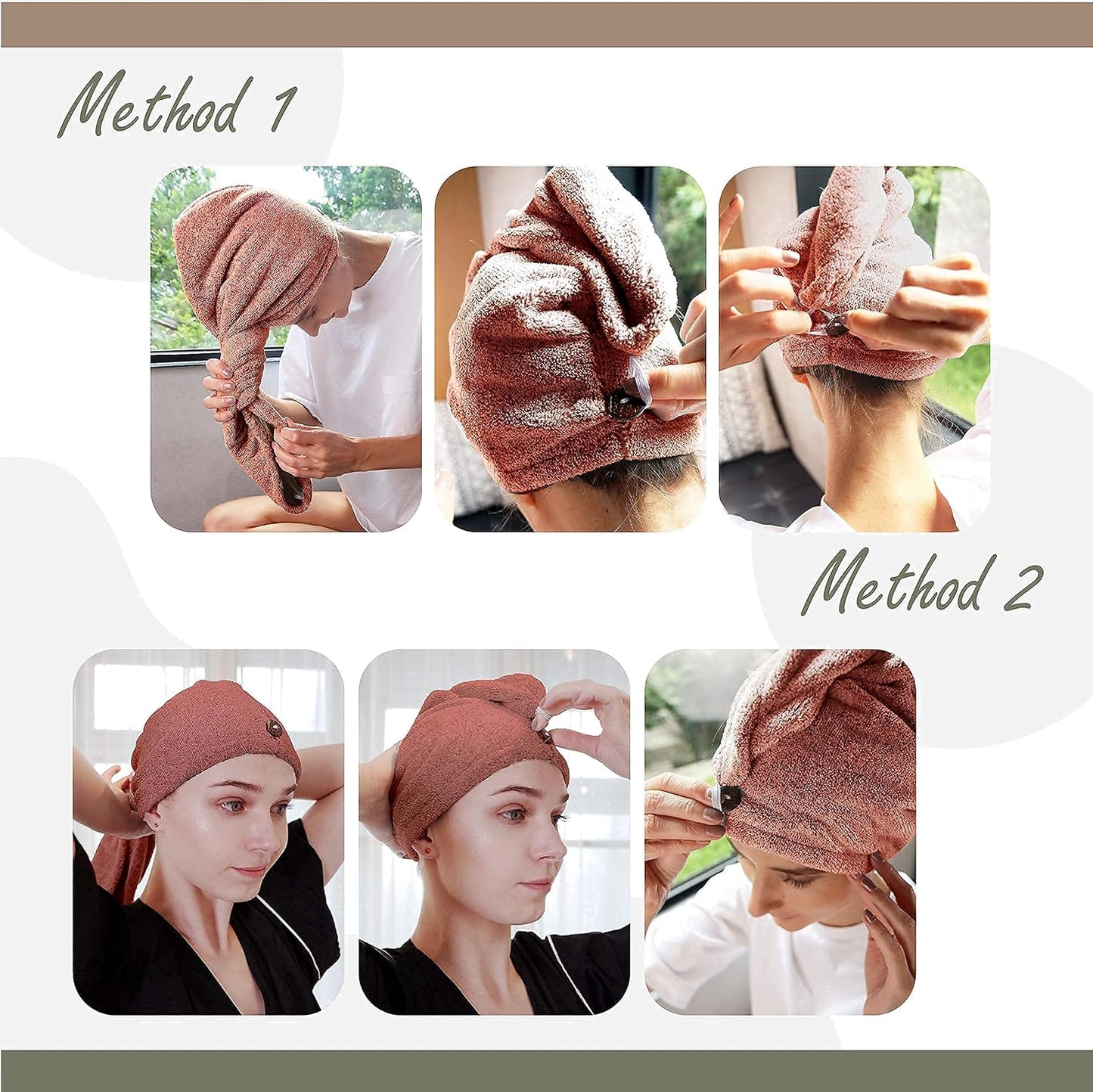 myHomeBody Hair Towel Wrap, Luxury Quick Drying Turban, Ultra Soft Absorbent Charcoal Fiber Cap, with Coconut Shell Button – Cinnamon