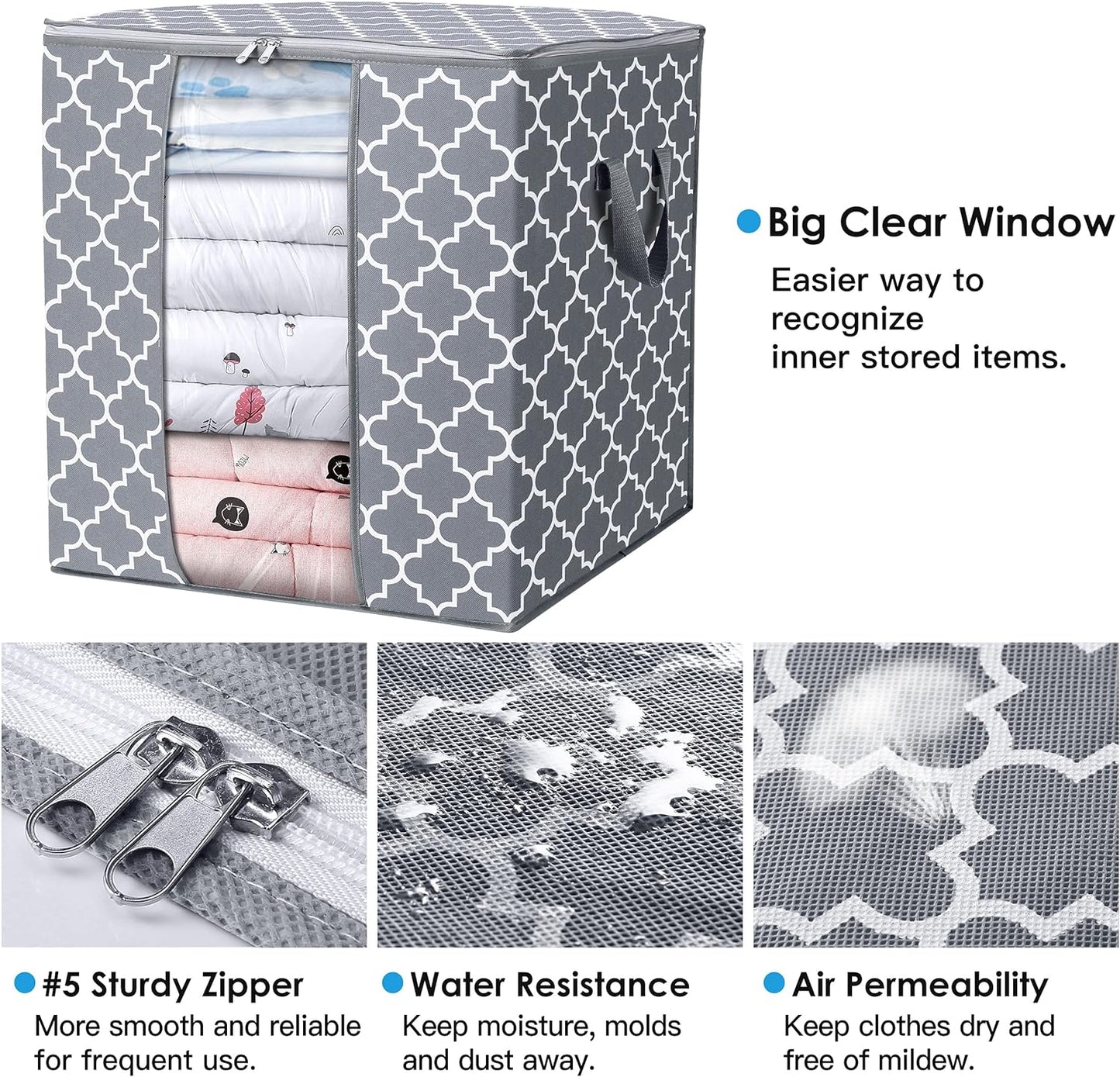 WISELIFE Storage Bags [3 Pack/100L] Large Blanket Clothes Organization and Storage Containers for Comforters,Bedding, Foldable Organizer with Reinforced Handle, Clear Window, Sturdy Zippers,Light Gray