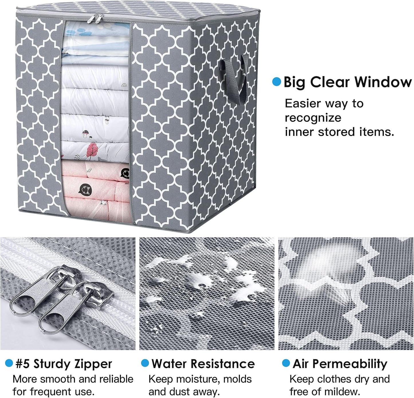 WISELIFE Storage Bags 4 Pack/100L Large Blanket Clothes Organization and Storage Containers for Comforters,Bedding, Foldable Organizer with Reinforced Handle, Clear Window, Sturdy Zippers,Light Gray
