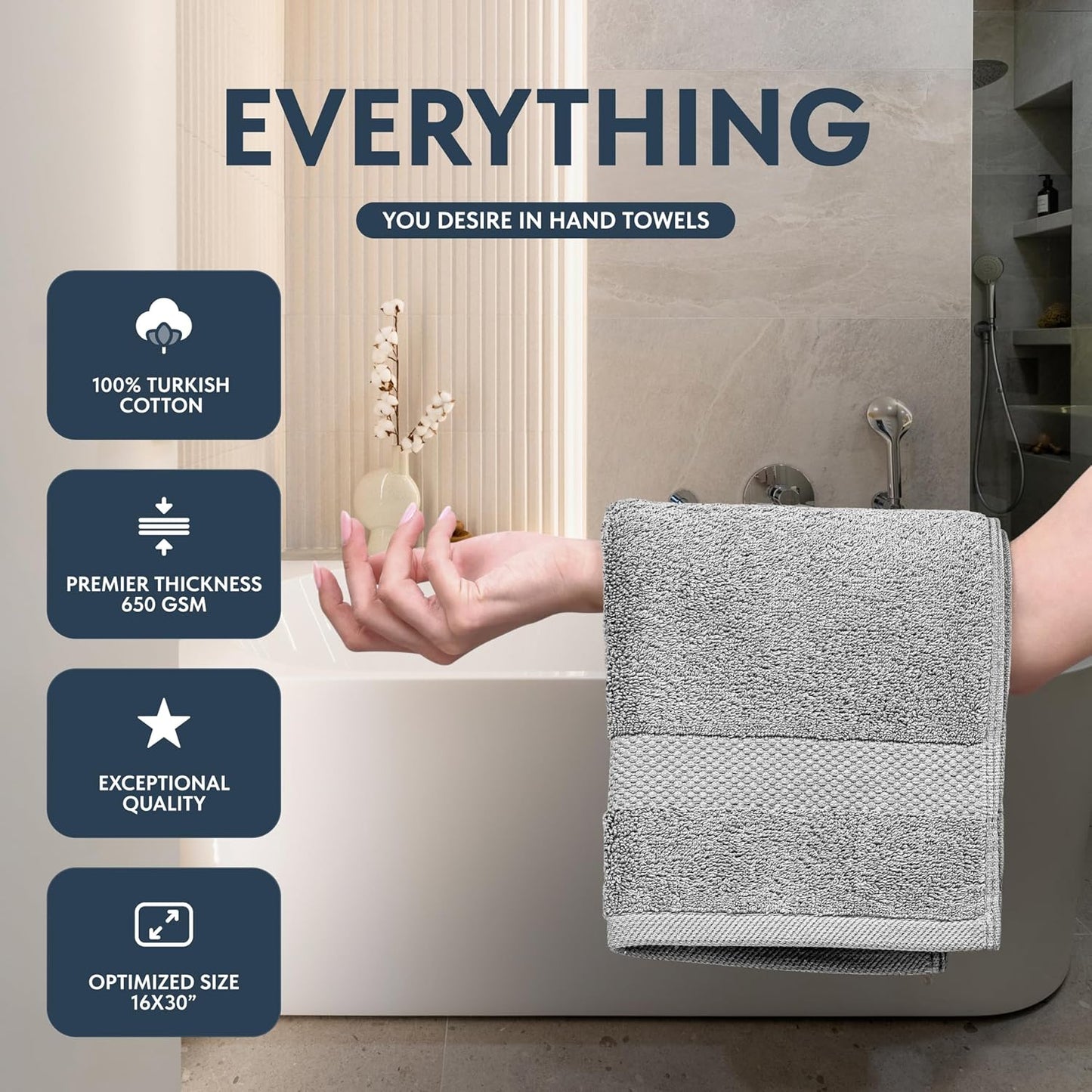 White Classic Luxury Dolphin Gray Hand Towels - Soft 100% Turkish Cotton | Highly Absorbent Hotel spa Bathroom Towel Collection | 16x30 Inch | Set of 6