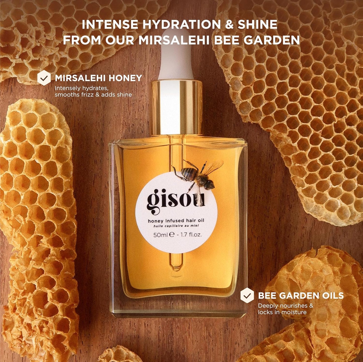 Gisou Honey Infused Hair Oil - Hydrating & Frizz Control Treatment with Mirsalehi Honey, Adds Shine & Heat Protectant for All Hair Types, 1.7 Fl Oz