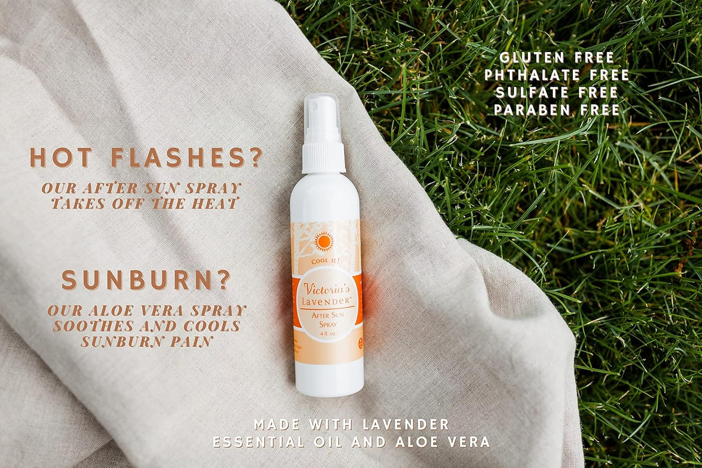 Victoria's Lavender Organic Aloe Vera Spray - For Sunburn, Hot Flashes & Post Workout Cooling, Made in USA, Aloe Vera Gel & Pure Lavender Essential Oil, Refreshing Moisturizer for Body - 4 fl oz