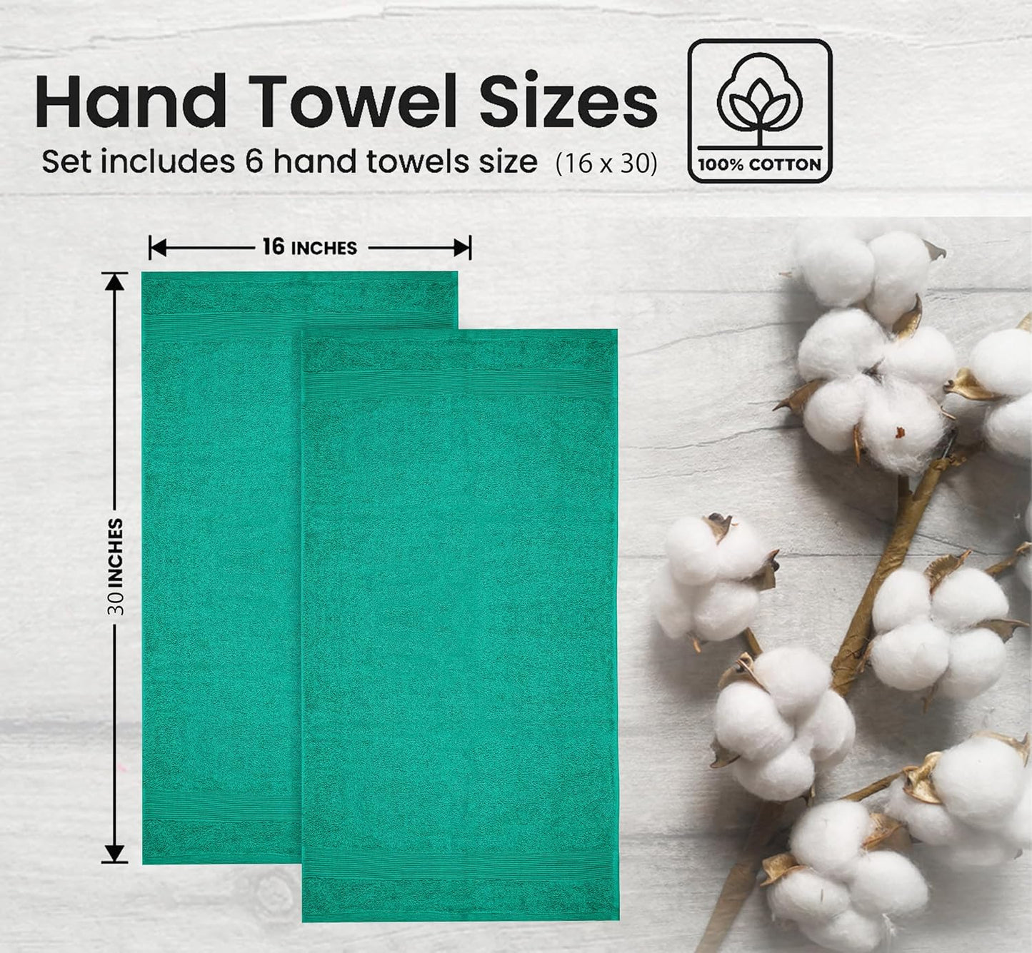 Premium Hand Towels Pack of 6 (16" x 30”) 100% Combed Ring Spun Cotton | Highly Absorbent Hand Towels Set | Ultra Soft for Home, Gym & Spa (Sea Green)