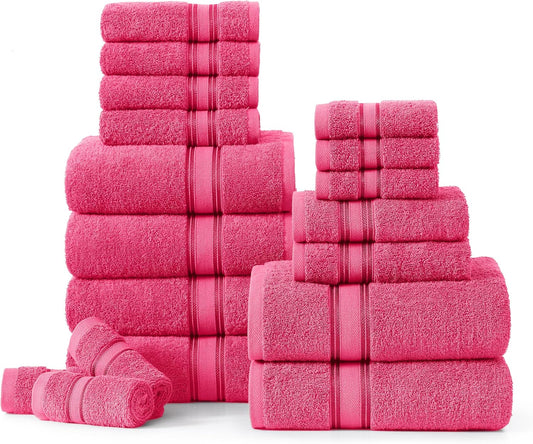 LANE LINEN 100% Cotton Luxury Bathroom Towel Set - 18 Pcs - Zero Twist, Quick Dry, Super Soft & Highly Absorbent - 6 Bath Towels, 6 Washcloths, 6 Hand Towels - Pre Shrunk & Fade Resistant - Fuschia