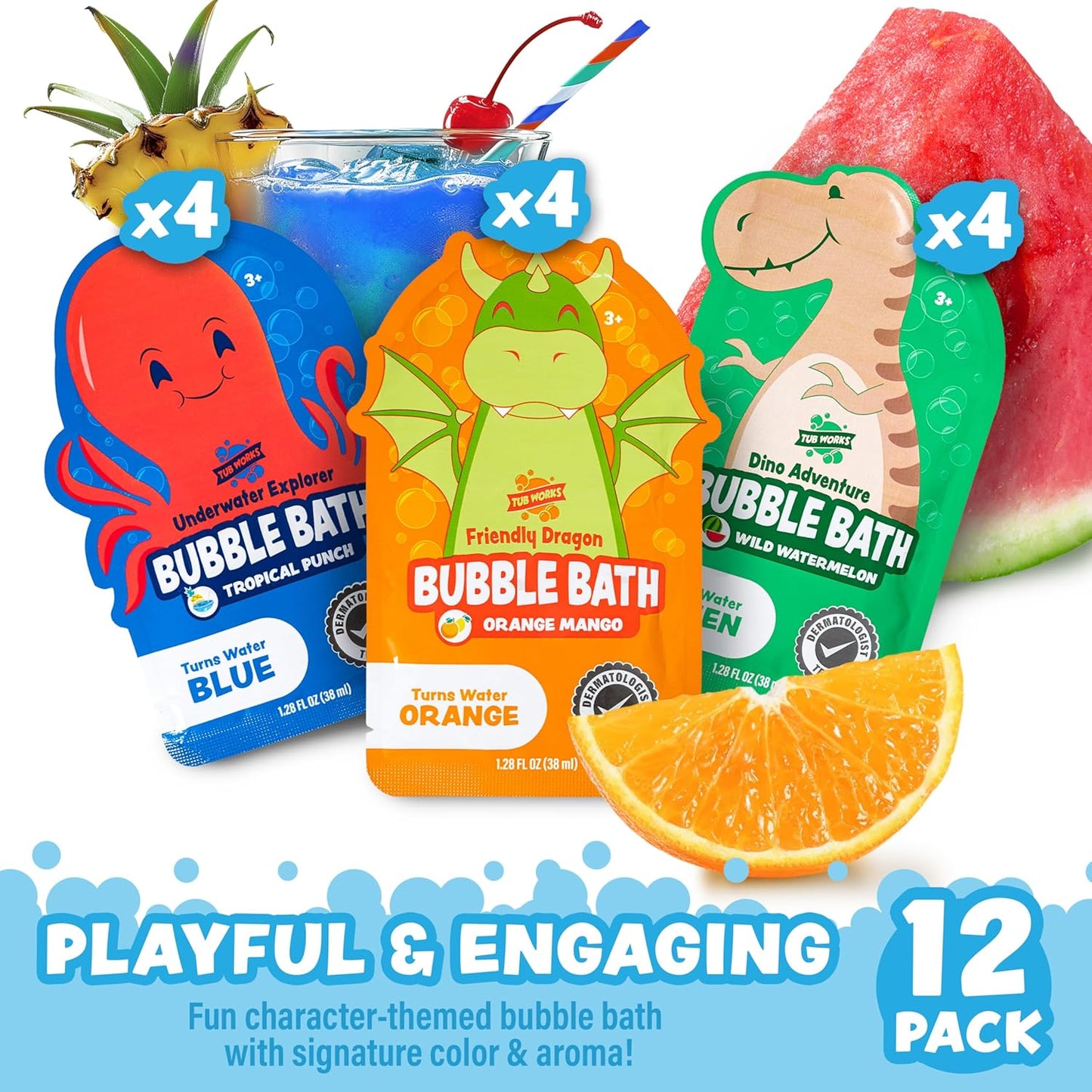 Tub Works® Magical Kids Bubble Bath, Variety 12 Pack | Creates Colorful Water & Tons of Bath Bubbles | Nontoxic | Character-Themed Bubble Bath for Kids | Green, Blue & Orange Bath Colors