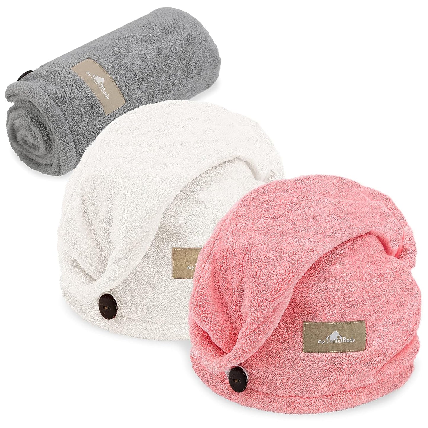 myHomeBody Hair Towel Wrap, Luxury Quick Drying Turban, Ultra Soft Absorbent Cap, with Coconut Shell Button – Light Gray, Pink, White, 3 Pack