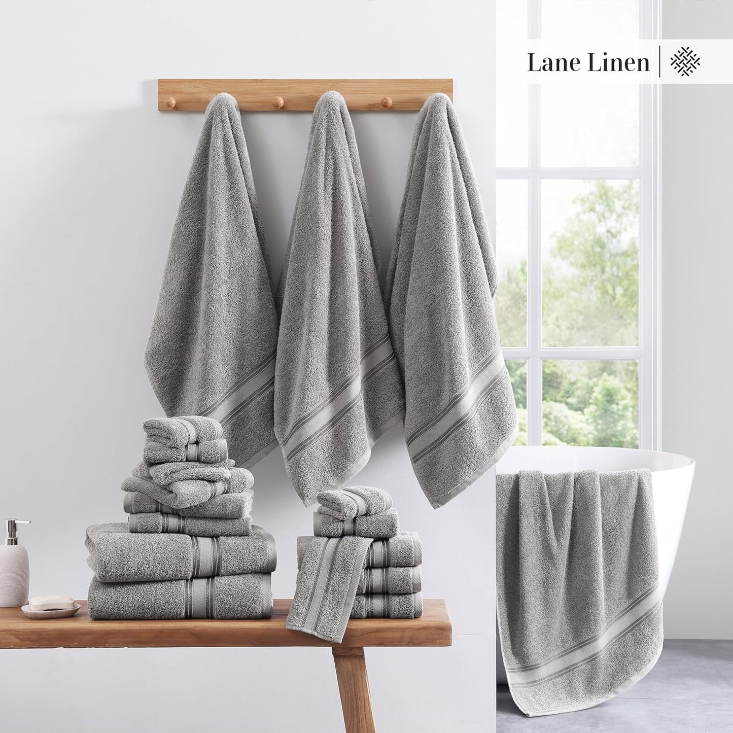 LANE LINEN Luxury Bath Towels Set - 12 Piece (4 Bath Towels, 4 Hand Towels, 4 Washcloths), 100% Cotton, Zero Twist, Super Soft & Extra Absorbent - Space Grey