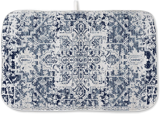 Blue Dish Drying Mat for Kitchen Counter, 18x24 Inch Blue White Boho Style Absorbent Dish Drying Pad Heat Resistant Mat Coffee Bar Mat Dish Drainer Rack Mat