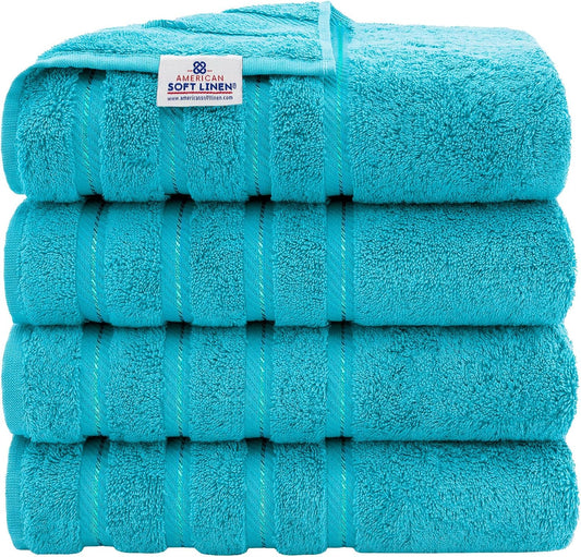 American Soft Linen Luxury 4 Piece Bath Towel Set, 600 GSM 100% Cotton Turkish Bath Towels for Bathroom, 27x54 in Extra Large Bathroom Shower Towels, Aqua Blue