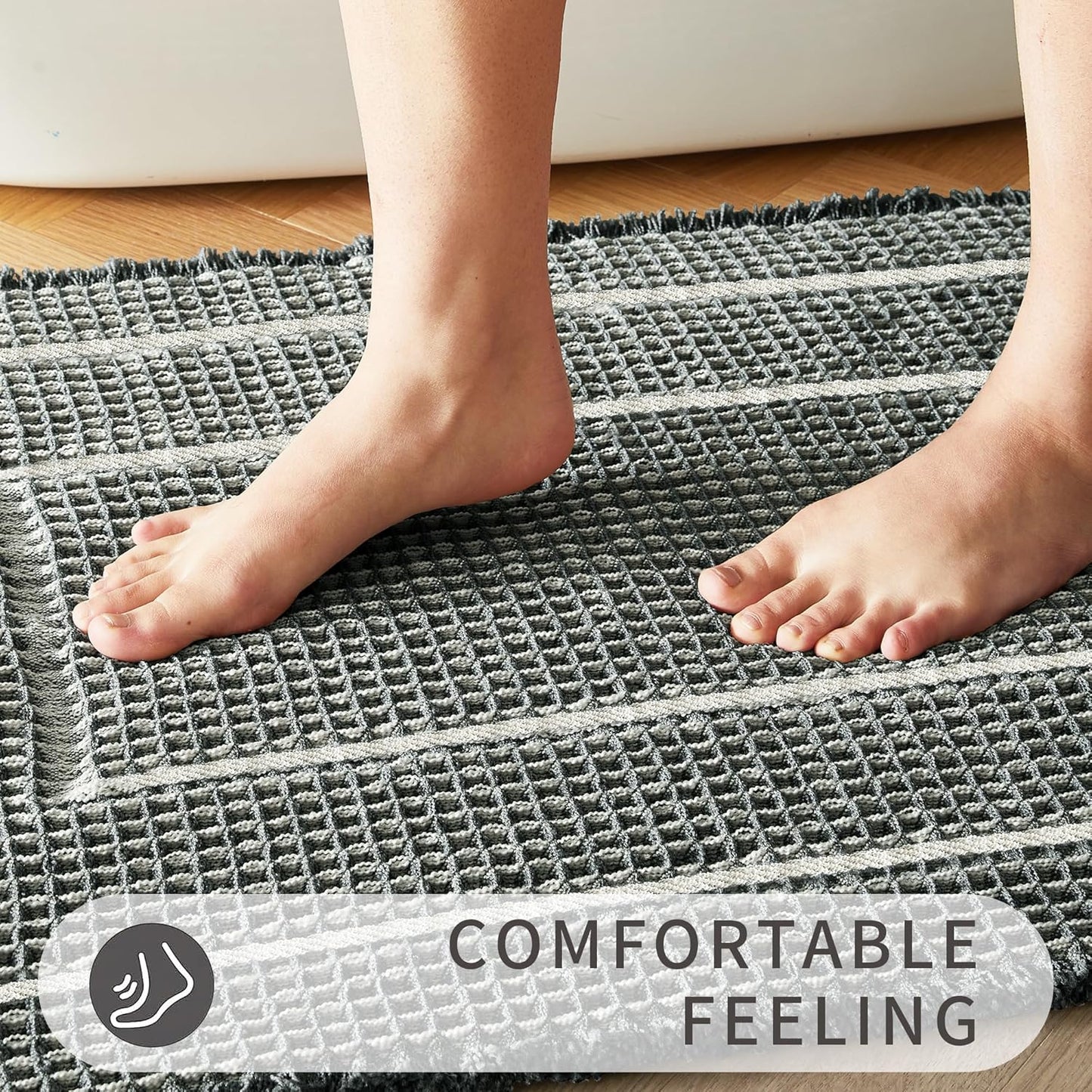 Bath Boho Floor Mat,Waffle Bath Rug,Super Absorbent Bathroom Mat,Bath Rugs Non Slip Washable, Quick Dry Shower Mats, Ultra Soft Bath Mat Towel,Bluish Grey & Yellow,18"*30"