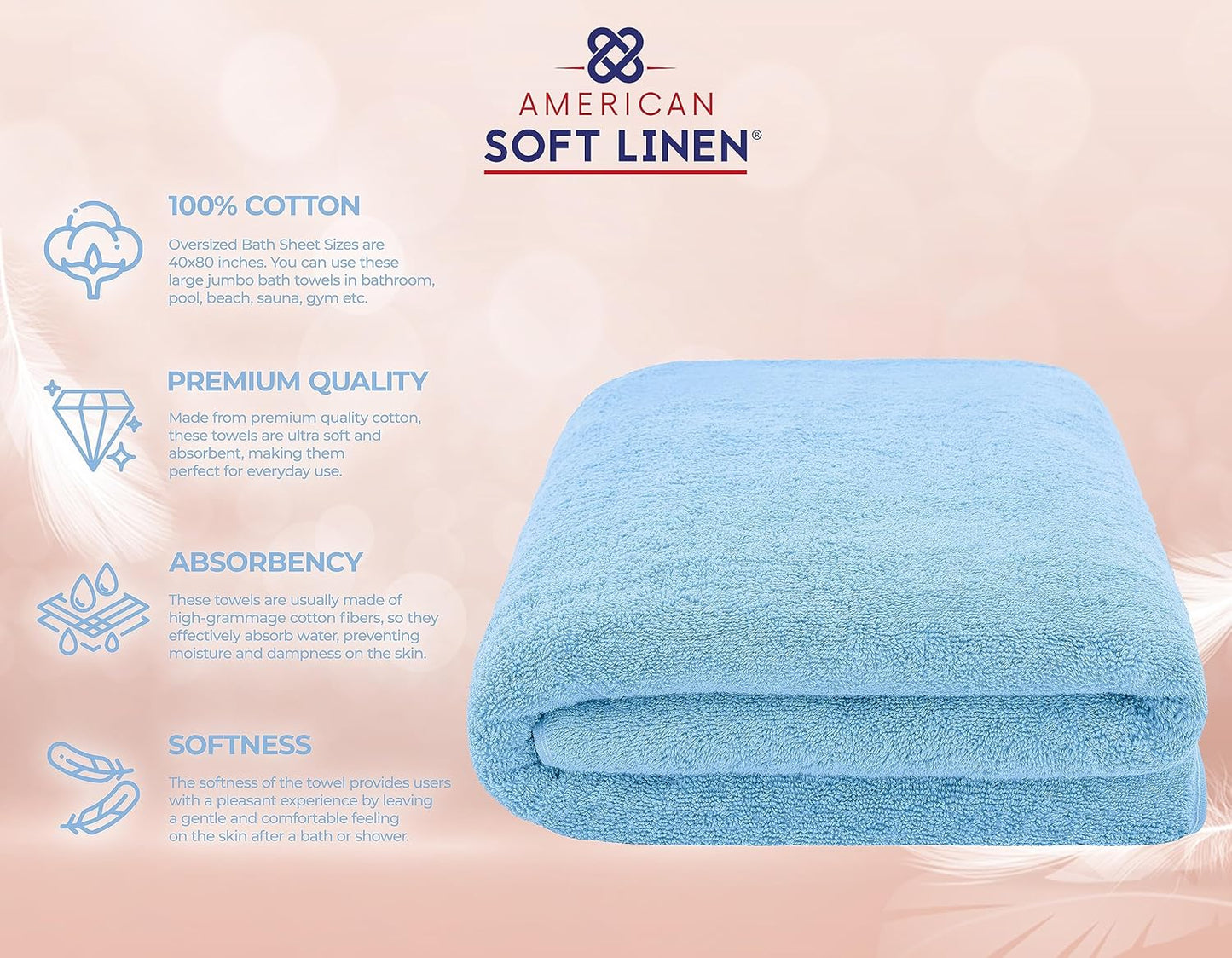 American Soft Linen Oversized Bath Sheet 40x80 Extra Large for Bathroom, 600 GSM 100% Cotton Turkish Jumbo Bathsheet Towels for Adults, Sky Blue Bath Sheet