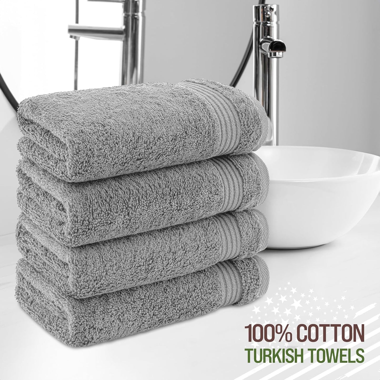 American Veteran Towel, Hand Towels for Bathroom Set of 4, 100% Cotton Turkish Hand Towel Sets, Soft Hand Face Towels, Light Grey Hand Towels