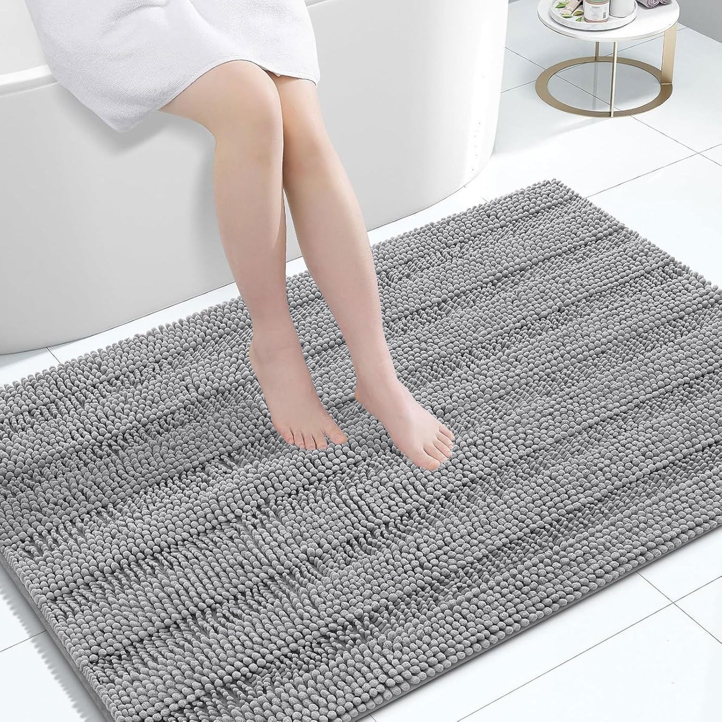 Grandaily Chenille Striped Bathroom Rugs 47x32, Extra Thick and Absorbent Bath Mats, Non-Slip Soft Plush Shaggy Shower Carpet, Machine Wash Dry, Bath Rug for Bathroom, Dark Gray