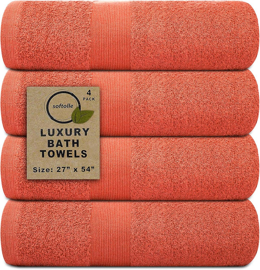 Softolle Luxury Bath Towels Set of 4 (27” x 54”) | Towels for Bathroom | Super Soft | Highly Absorbent Towels for Home, Spa, Gym (Coral)