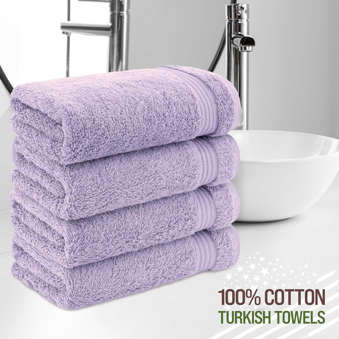 American Veteran Towel, Hand Towels for Bathroom Set of 4, 100% Cotton Turkish Hand Towel Sets, Soft Hand Face Towels, Lilac Hand Towels