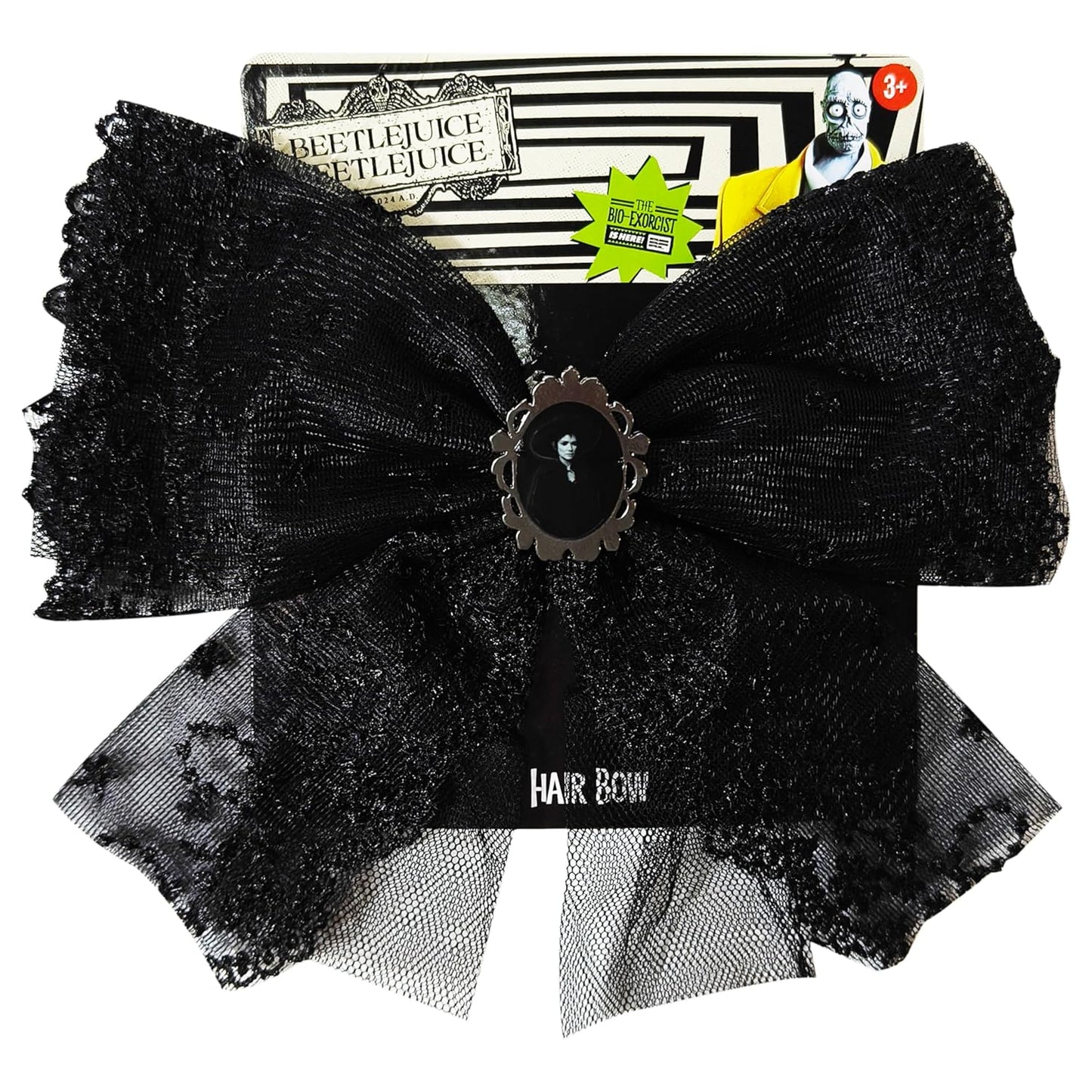 LUV HER Beetlejuice themed Long Tail Hair Bow for Girls with Alligator Clip with Charm - Gothic Hair Accessory, Ages 3+