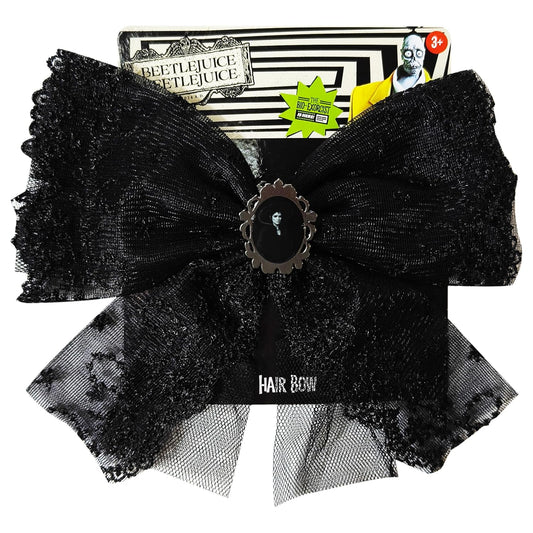 LUV HER Beetlejuice themed Long Tail Hair Bow for Girls with Alligator Clip with Charm - Gothic Hair Accessory, Ages 3+