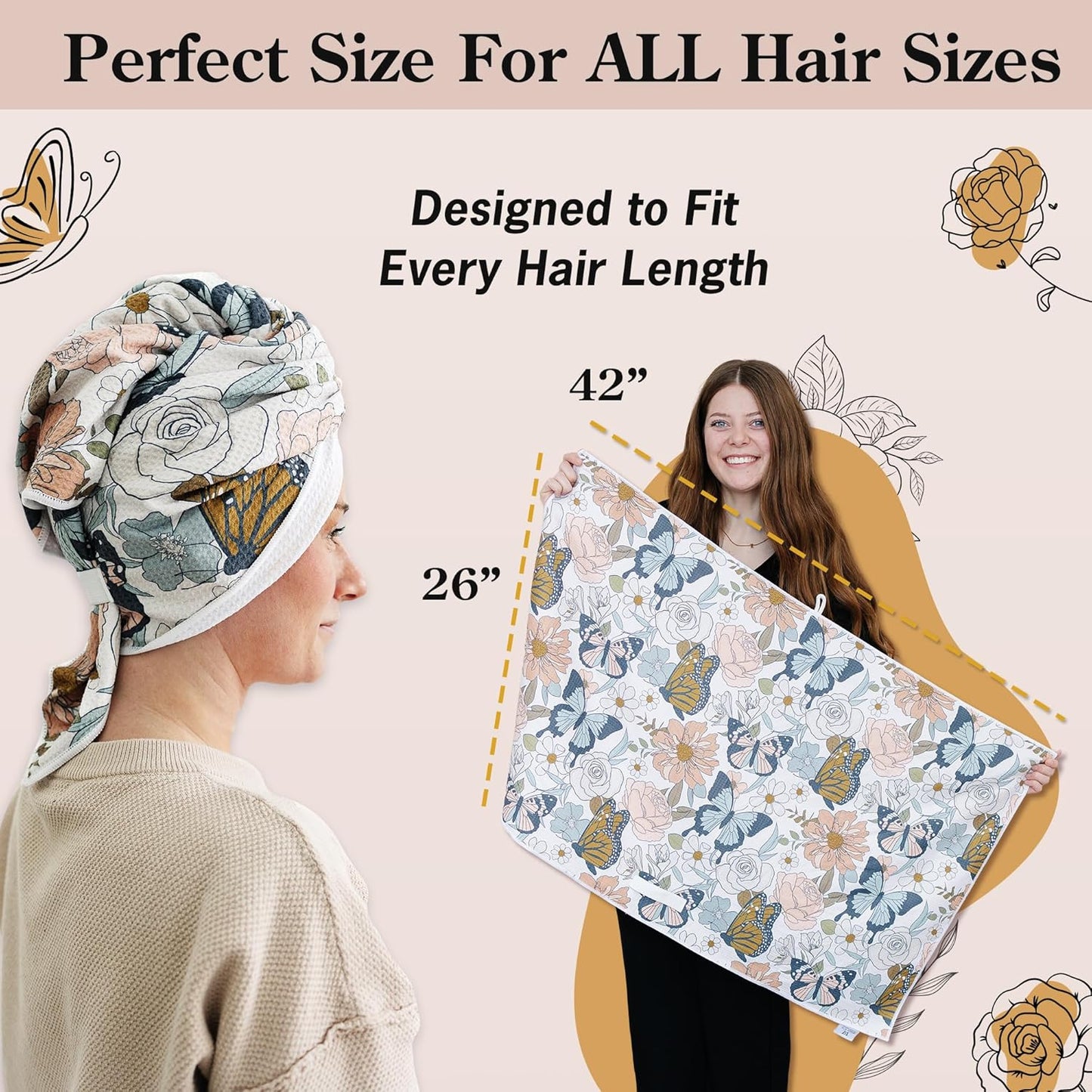 Microfiber Hair Towel Wrap for Women - Anti-Frizz Quick Dry Hair Wrap for Long Hair - Hair Towels for Women, Hair Drying Towel Wrap - Floral Butterfly
