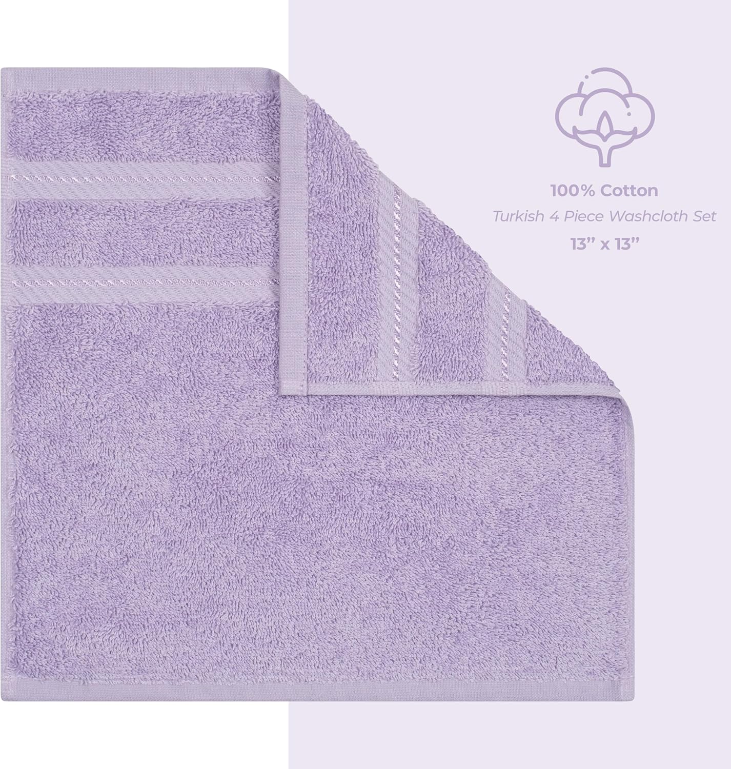 American Soft Linen Luxury Washcloths for Bathroom, 600 GSM 100% Cotton 4 Piece Turkish Wash Cloth Set, 13x13 in Soft Rags for Body and Face, Lilac Washcloths