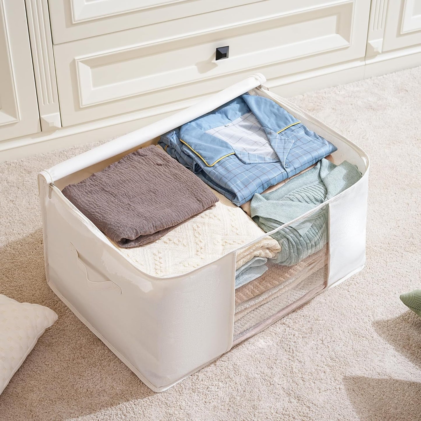 TYEERS Large Storage Bags with Zipper and Clear Window, Cotton Blended Fabric Storage Containers for Seasonal Clothes and Bedding, 23.6x15.7x13.8 Inches, 4-Pack, Beige