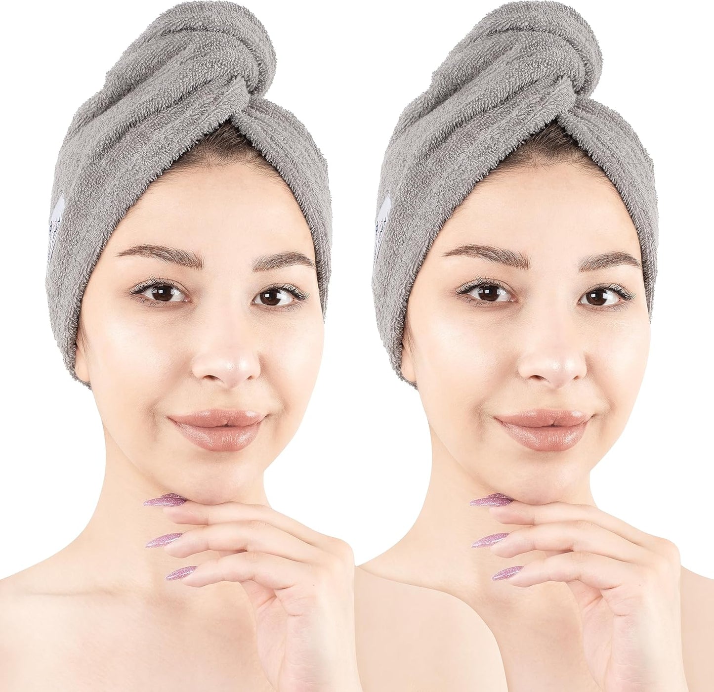 American Soft Linen 100% Cotton Hair Towels for Women, Head Towel Cap, Cotton Hair Turban Towel Wrap for Long Curly Anti Frizz Hair, Soft and Absorbent Cotton Hair Towels 2 Pack, Light Gray