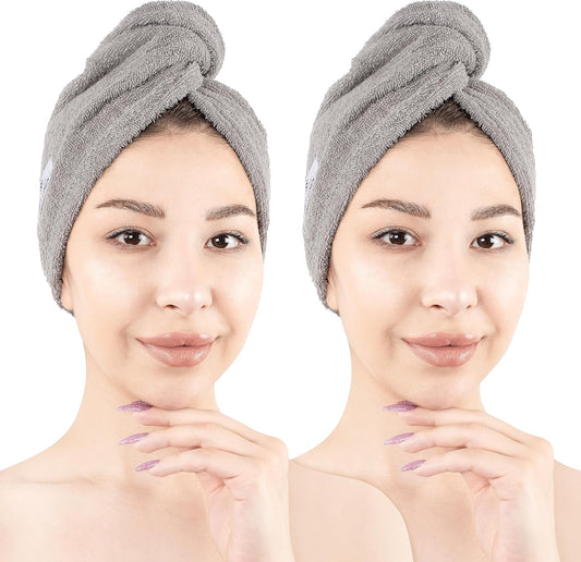 American Soft Linen 100% Cotton Hair Towels for Women, Head Towel Cap, Cotton Hair Turban Towel Wrap for Long Curly Anti Frizz Hair, Soft and Absorbent Cotton Hair Towels 2 Pack, Light Gray