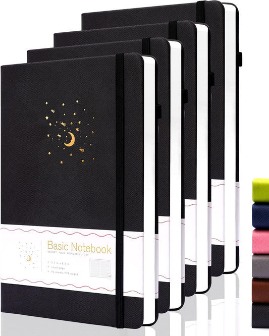 4 Pack Lined Journal Notebooks for Work, Hardcover Notebook Journal with Pen Loop, A5 Leather Notebook Journal Cover, Medium 5.7" x 8.3", (Black Ruled)