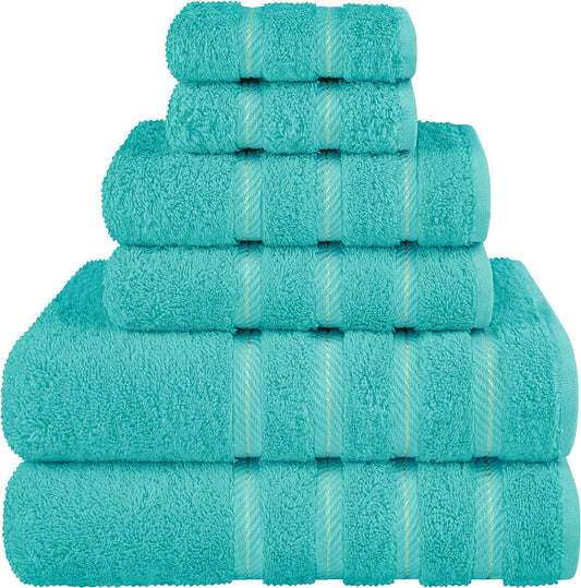 American Soft Linen Luxury 6 Piece Towel Set, 2 Bath Towels 2 Hand Towel 2 Washcloths, 600 GSM 100% Cotton Turkish Towels for Bathroom, Turquoise Blue Towel Sets