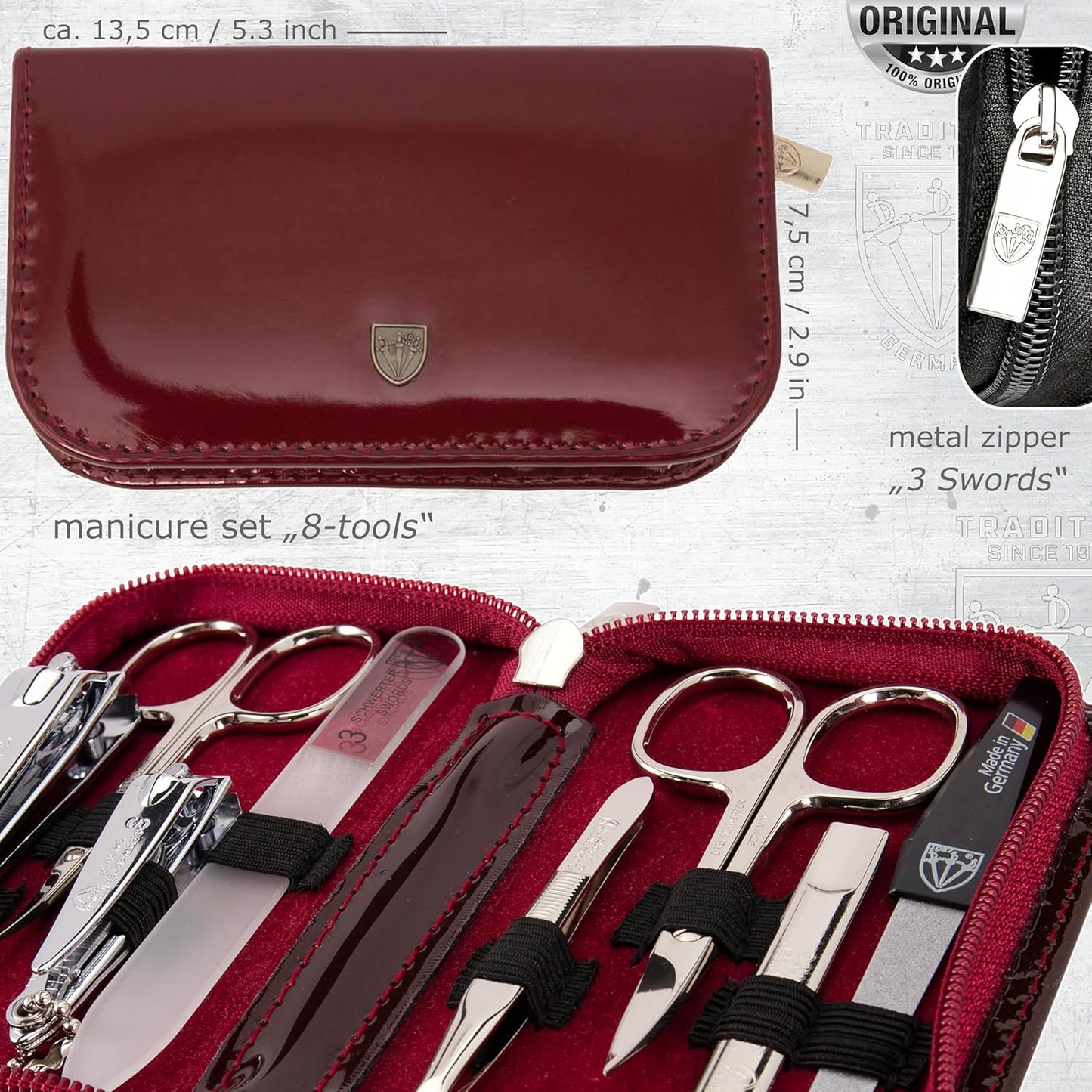 3 Swords Germany - brand quality 8 piece manicure pedicure grooming kit set synthetic leather case shiny burgundy - Made in Germany