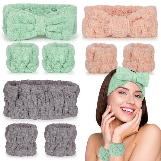Spa Headband and Wristband Set - 3-Piece Skincare Headbands & 6-Piece Wrist Spa Wristbands for Women,Facial Hairbands for Washing Face, Makeup, Sports, Yoga, Headband for Washing Face
