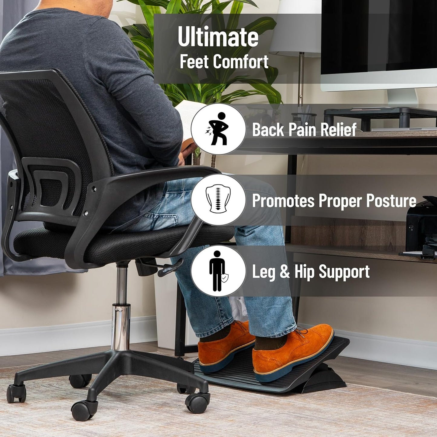 Mind Reader Foot Rest, Foot Stool, Under Desk at Work, Ergonomic, Height Adjustable, Office, 17.5"L x 13.5"W x 3.5"H, Black