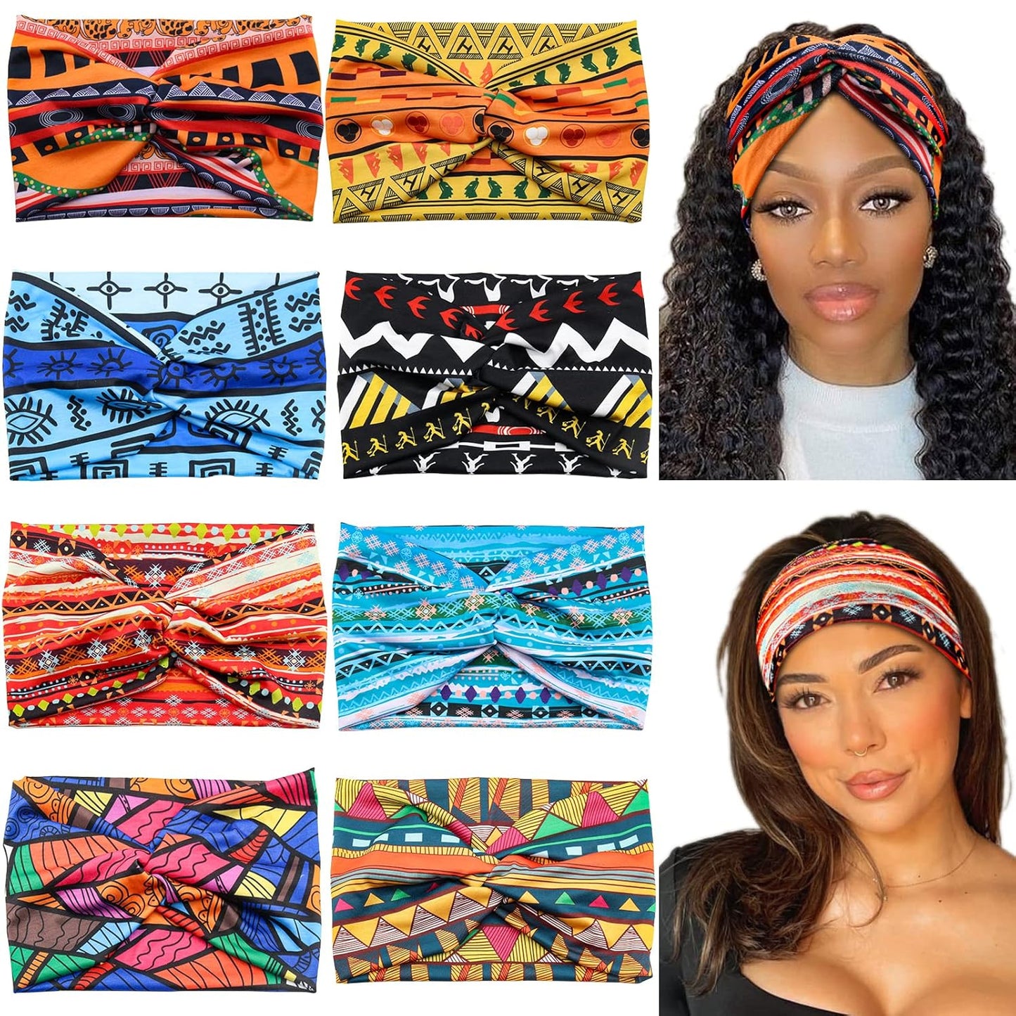 Wide African Headbands for Women Boho Twist Head Bands Elastic Turban Headwraps for Lady Yoga Sports Workout Stretchy Hairband,Pack of 8