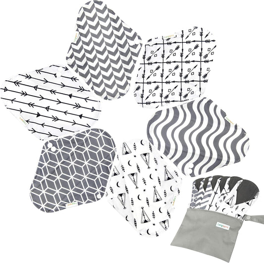 7pcs Set 1 pc Mini Wet Bag +6pcs Absorbent Reusable Sanitary Pads/Washable Cloth Menstrual Pads (L,Grey)