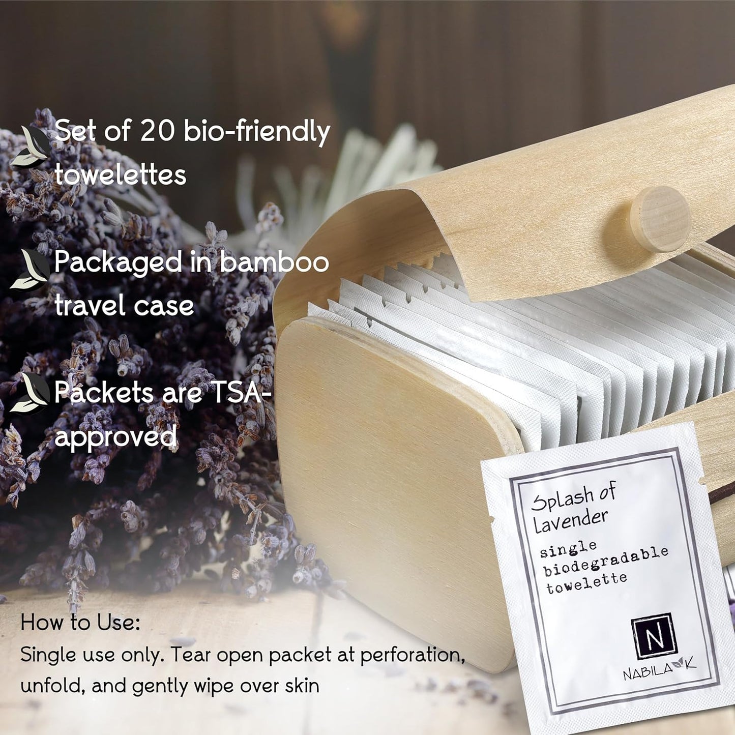 Splash of Lavender Scented Moist Towelettes Single Use by Nabila K - Alcohol-Free, Plant-Based with Natural Ingredients - Individually Wrapped Disposable Travel Size Wipes with Bamboo Case - 20 Count