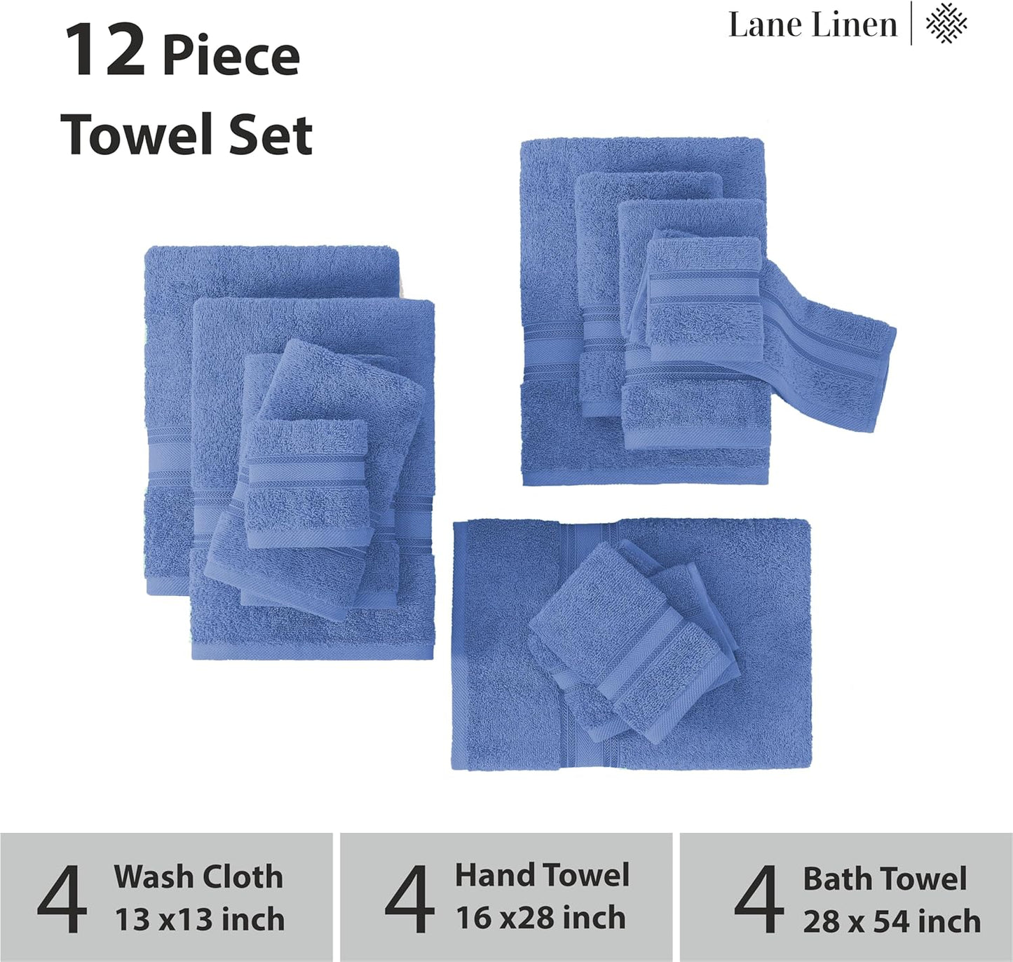 LANE LINEN Luxury Bath Towels Set - 12 Piece Set, 100% Cotton Bathroom Towels, Zero Twist, Quick Dry Shower Towel, Absorbent Bath Towel, 4 Bath Towels, 4 Hand Towels, 4 Wash Cloths - Cerulean Blue