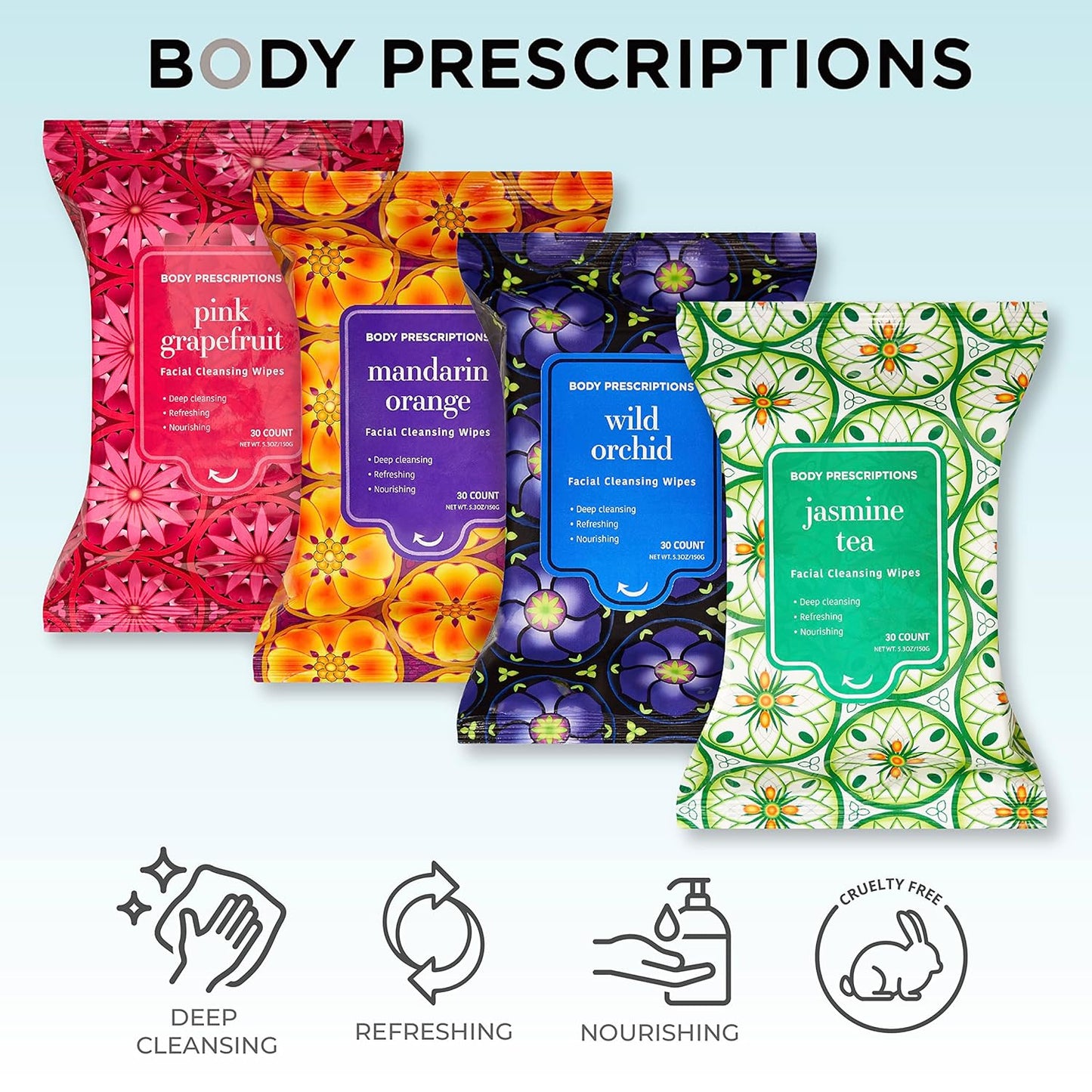 Body Prescriptions Makeup Remover Wipes - Bulk Pack, Gentle Cleansing Wipes for Easy Makeup Removal, Mandarin, Orchid, Grapefruit, & Jasmine Tea