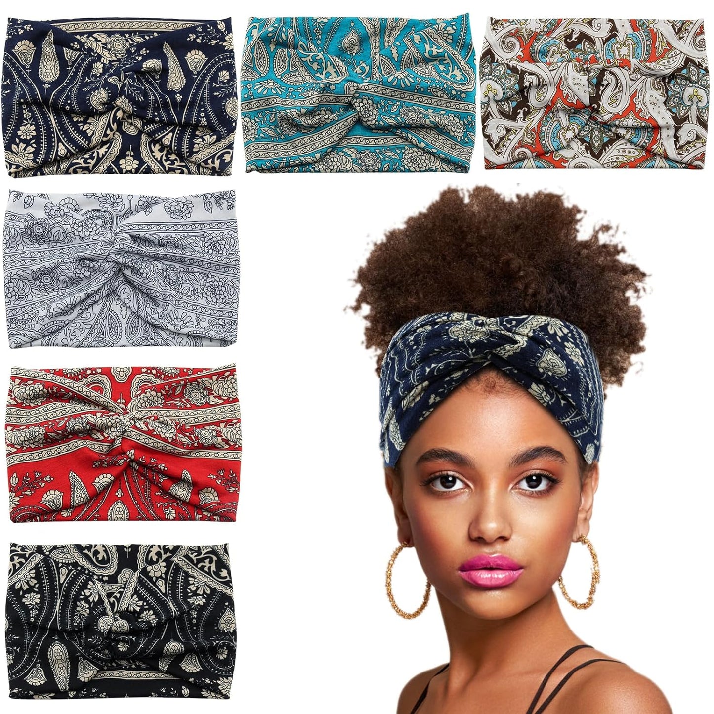 Wide Headbands for Women Girls, Large Bandana Boho Headbands Workout Yoga Running Hair Bands for Women's Hair, Non Slip Sweat Head Bands,Pack of 6