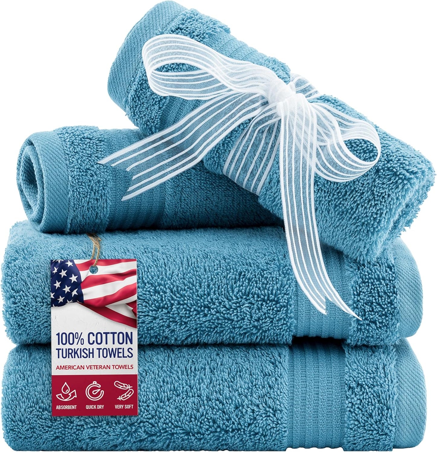 American Veteran Towel, 100% Cotton Turkish Washcloths for Bathroom Essentials 4 Pack, Soft Absorbent Wash Cloths Quick Drying Small Towels Washrags, Sky Blue