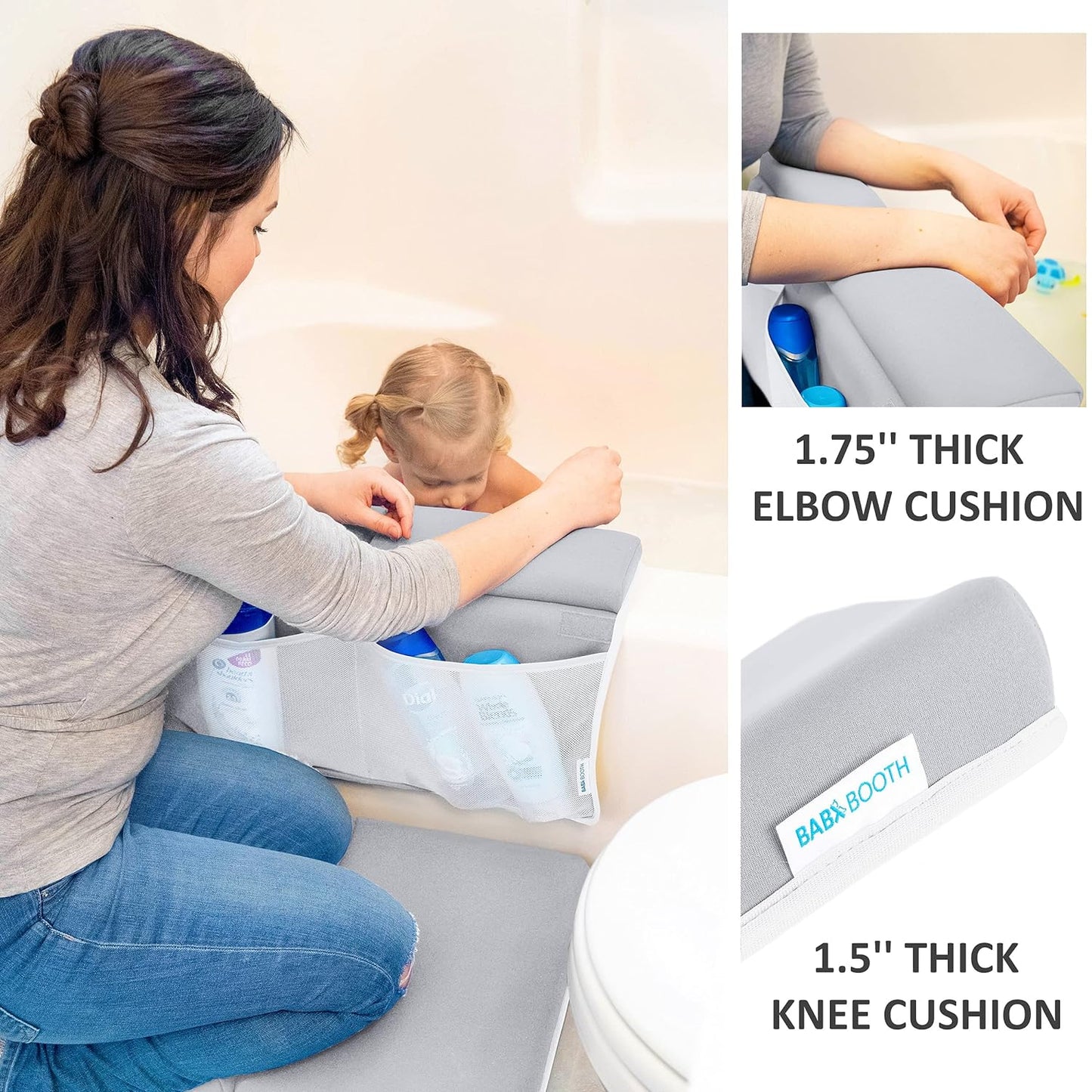 Bath Kneeler and Elbow Rest Pad, 1.75 inch Extra Thick Baby Bath Kneeling Pad and Elbow Pad for Bathtub. Bath Tub Elbow Pad with Infant Toy and Baby Accessories Organizer, Grey