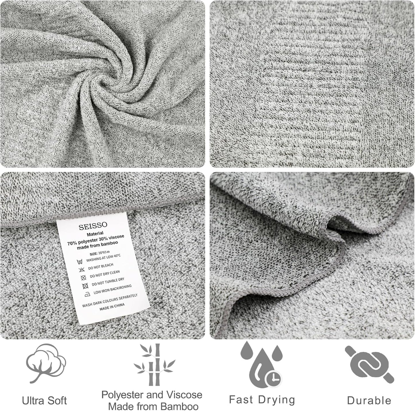 SEISSO Bath Towels Set of 4 Premium Bath Towels 35” x 63” Oversized Towels for Bathroom Quick Drying & Lightweight Bath Sheets Towels for Adults - Multipurpose Use as Bathroom,Shower (Grey)