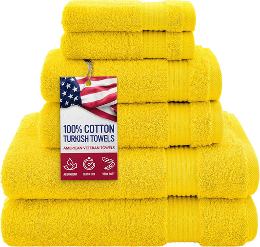 American Veteran Towel, 100% Cotton Turkish 6 Piece Towel Set, Luxury Towels Set of 6 for Bathroom Essentials, 2 Bath Towels 2 Hand Towels 2 Washcloths, Yellow