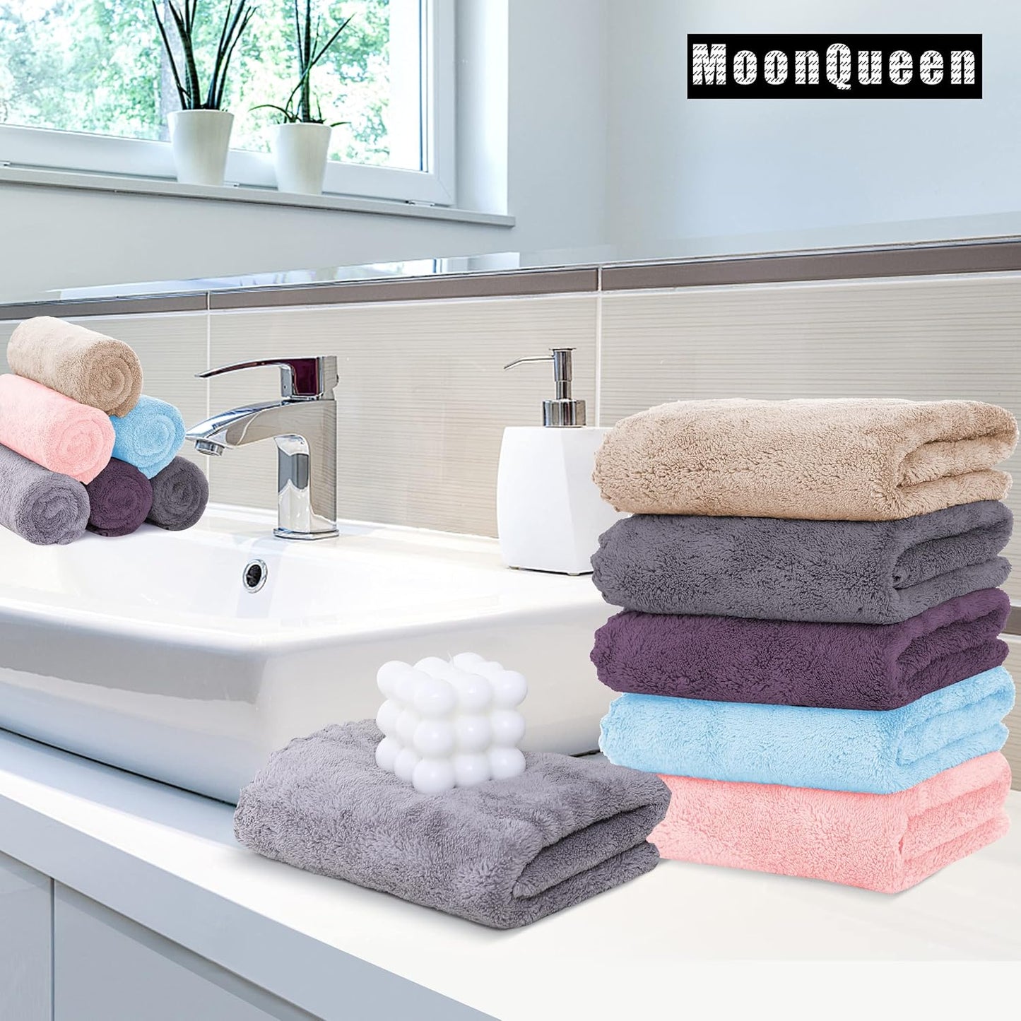 MOONQUEEN 6 Pack Premium Hand Towels - Quick Drying - Microfiber Coral Velvet Highly Absorbent Towels - Multipurpose Use as Hotel, Bathroom, Shower, Spa, Hand Towel 16 x 28 inches (Multicolor)