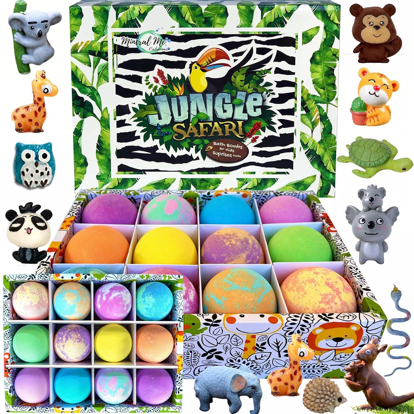 Bath Bombs for Kids with Surprise Inside, 12 Bubble Bath Fizzies with Jungle Animal Toys. Moisturizing, Gentle & Kids Safe, Rainbow Spa Bath Fizz, Birthday Gifts for Boys, Girls