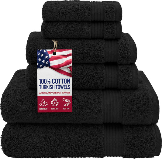 American Veteran Towel, 100% Cotton Turkish 6 Piece Towel Set, Luxury Towels Set of 6 for Bathroom Essentials, 2 Bath Towels 2 Hand Towels 2 Washcloths, Black
