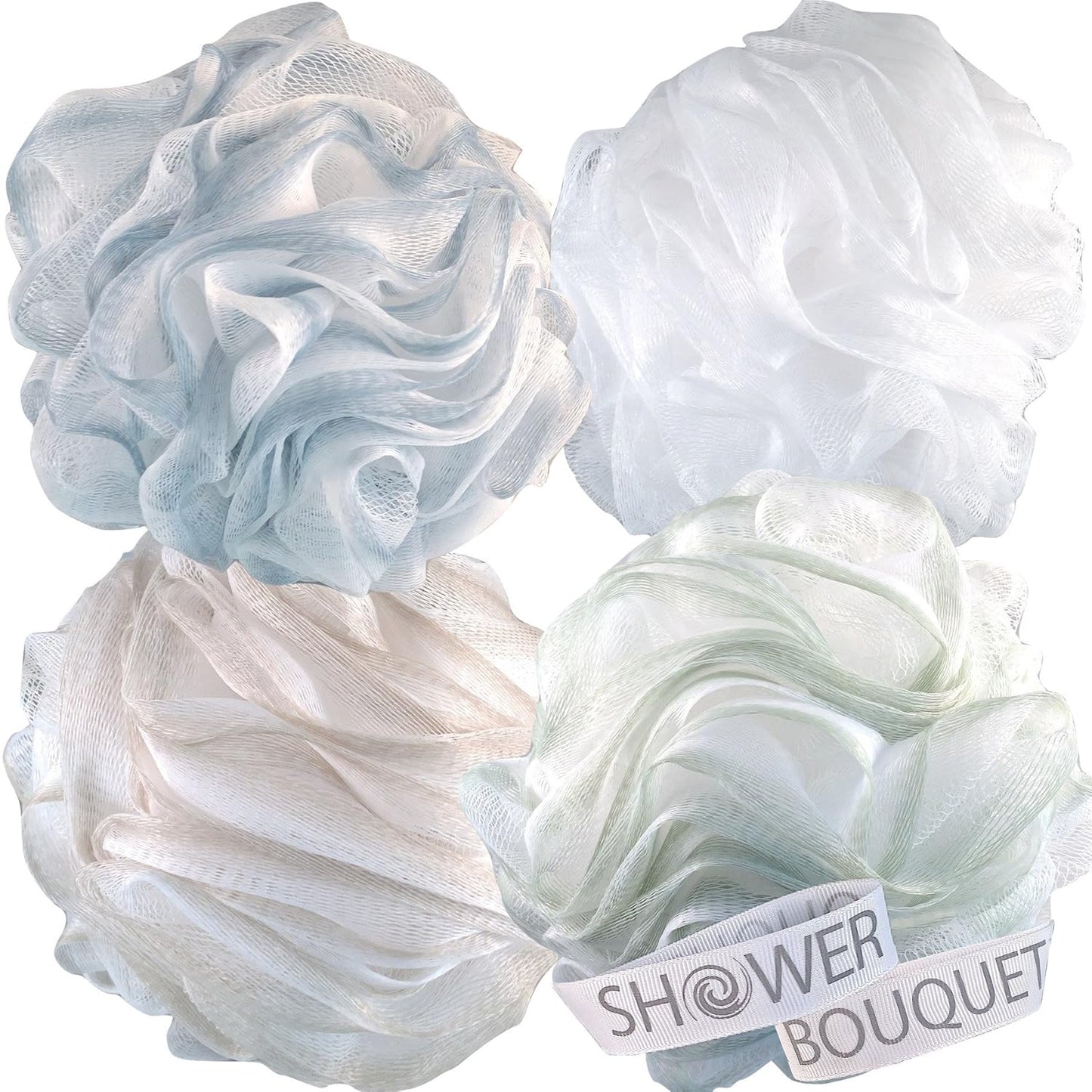 SHOWER BOUQUET Loofah-Bath-Sponge XL Soft-Pastel-Colors 4-Pack // Extra-Large 75g Mesh Luffa Loofa Loufa Puff Pouf Set/Exfoliating Body Scrubber for Women and Men - Exfoliate & Soothe Face & Body