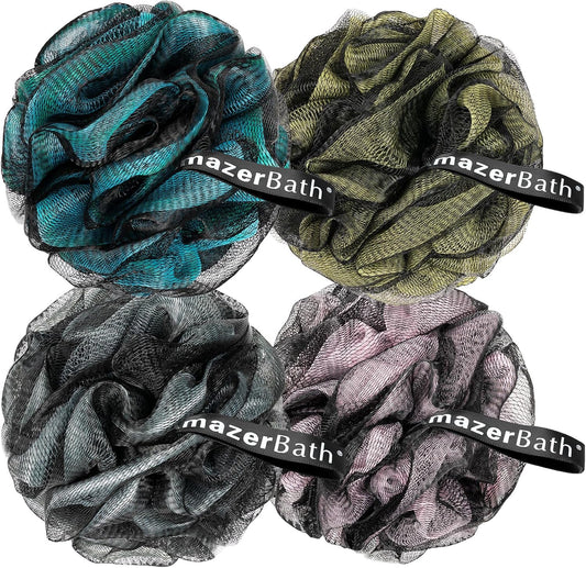 AmazerBath Charcoal Loofah Sponge, Large Shower Loofah 75g/PCS - Body Scrubber Loofa Set of 4 - Charcoal Blue, Gray, Pink & Army Green, Bath Sponge for Men and Women