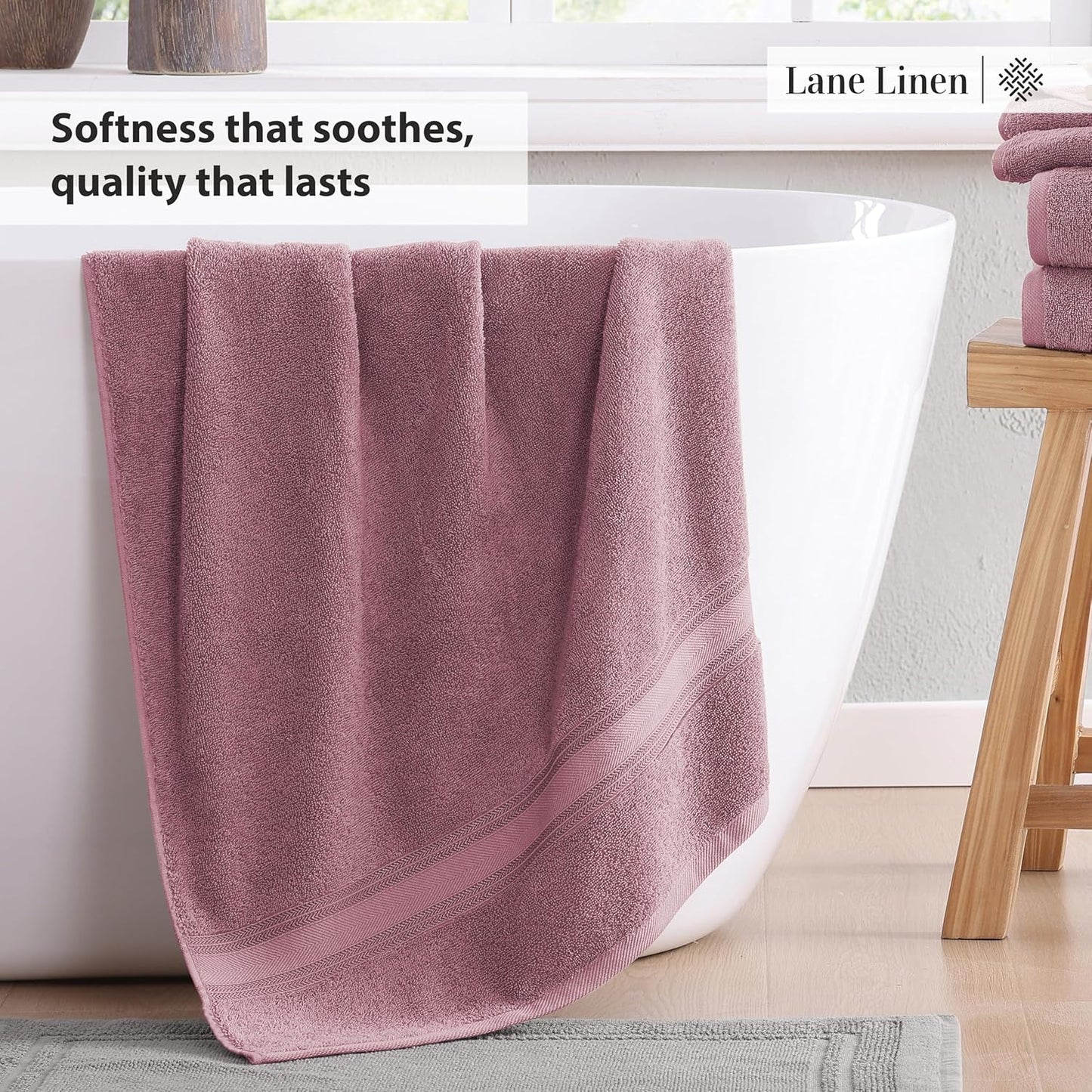 LANE LINEN Luxury Bath Towels Set - 3 Piece Set, 100% Cotton Bathroom Towels, Zero Twist, Quick Shower Towels, Absorbent Bath Towel, Soft, 1 Bath Towel, 1 Hand Towel, 1 Wash Cloths - Wishful Mauve