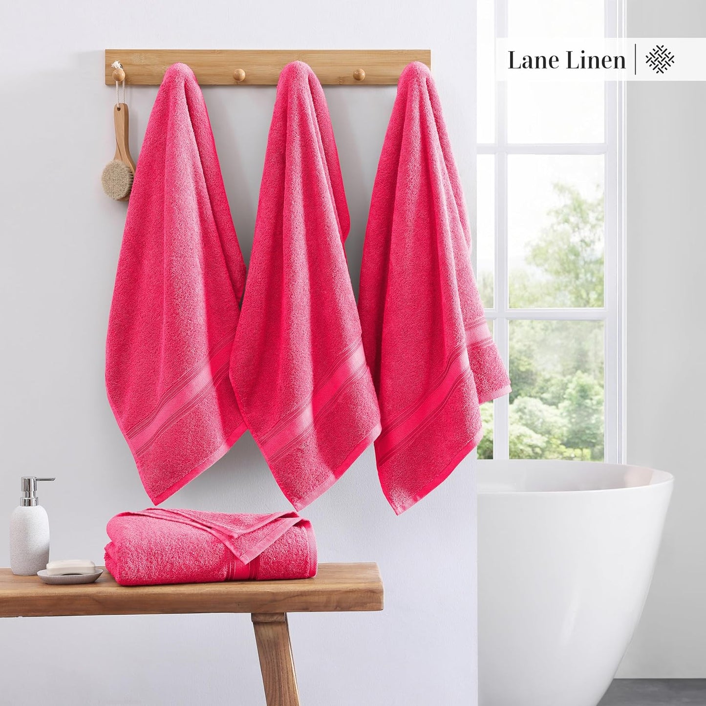 LANE LINEN 100% Cotton Large Bath Towels Set of 4 (30"x60") - Zero Twist, Mercerized Cotton Bathroom Towel 4 Pack - Quick Dry, Soft & Absorbent Large Towels Set - Dorm Essentials for Girls - Fuchsia
